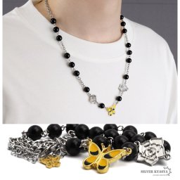 ネックレス メンズ パールネックレス 蝶 バタフライ 花 フラワー ストリート silver 銀色 yellow 黄色 black 黒色 金属 父の日 男性