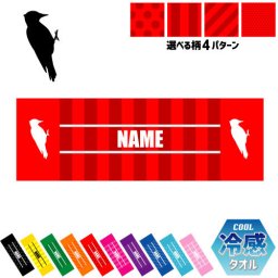 「キツツキ」名入れ冷感タオル 冷却タオル クールタオル ストライプ ドット 水玉 柄タオル ポリエステル ネックタオル クール 清涼 首ケア 暑さ対策 熱中症対策 スポーツタオル  【rkct】運動会 体育祭  啄木鳥、ケラ、Woodpecker ピクトグラム