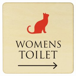9x9cm トイレ 御手洗 TOILET トイレマーク ねこ 猫 ネコ ナチュラル カラー WOMENS 右 矢印 ピクトサイン 木製ドアサイン ドアプレート インテリア 施設 案内