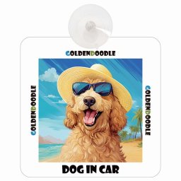 名入れ可 Goldendoodle ゴールデンドゥードル DOG IN CAR 吸盤 犬用 車 犬 イラスト付 海 麦わら帽子 サングラス 夏ドッグインカー ドッグオンボード 安全対策 あおり運転 セーフティサイン 窓ガラス 外出 ドライブ 愛犬車用グッズ カーサイン