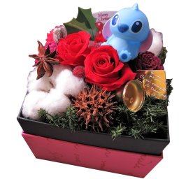クリスマスプレゼント 彼女 スティッチ入り 花 フラワーギフト 箱を開けてサプライズ ボックス 赤バラ プリザーブドフラワー コットン入り