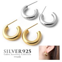 シルバー925 チャンキーフープピアス レディースピアス フープ お洒落 シンプル 18K GP ゴールド 銀色 gold 金色 ジュエリー イヤリング スタッドピアス 金属アレルギー対応 両耳用 2点セット 女性