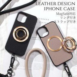 iphone13 ケース リング付き magsafe マグセーフ iphone13mini iphone13Pro iphone13ProMAX ショルダー ストラップ 肩掛け マグセーフ対応 レザー スマホリング べっ甲 ストラップ付き アイフォン 13 13mini 13pro 13promax magsafe対応 13ミニ 13プロ ゴールド 送料無料
