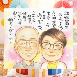 ギフト 金婚式 似顔絵 贈り物 プレゼント 名入れ 手描き 金婚式 記念日 お祝い 結婚記念日 結婚50周年 夫婦 両親 祖父母 家族 お母さん お父さん 名入れ 修正無料 下書き確認 似てる かわいい サプライズ 実績多数 感謝 長寿 50周年 思い出 喜寿祝い お祝い返し 還暦祝い カラフル お祝いの品 ウェディングギフト 卒寿祝い 古希祝い メモリアルギフト
