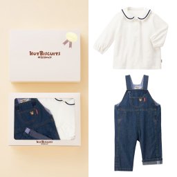 ミキハウスホットビスケッツ★デニムオーバーオール&セーラーカラー長袖Tシャツギフトセット＜BOX付き＞ お祝い　ギフトラッピング　出産祝い　誕生日　　入園祝い　キッズ服　ベビー服