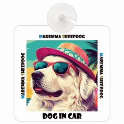 名入れ可 Maremma Sheepdog マレンマシープドッグ DOG IN CAR 吸盤 犬用 車 犬 イラスト付 海 麦わら帽子 サングラス 夏ドッグインカー ドッグオンボード 安全対策 あおり運転 セーフティサイン 窓ガラス 外出 ドライブ 愛犬車用グッズ カーサイン