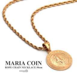 ステンレス 18k gp 奇跡のメダイ ゴールド 18金 仕上げ 聖母 コインネックレス ロープチェーン 50cm ペンダント