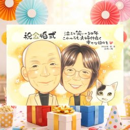 似顔絵 金婚式 贈り物 手描き 名入れ ギフト プレゼント 金婚式 記念日 お祝い 結婚50周年 結婚記念日 お母さん お父さん 夫婦 両親 家族 祖父母 名入れ 下書き確認 修正無料 一生もの そっくり 喜ばれる 実績多数 長寿 感謝 思い出 50周年 メモリアル 初任給 サプライズ オリジナル 喜寿祝い 感激 傘寿祝い 結婚祝い ウェディングギフト ブライダルギフト