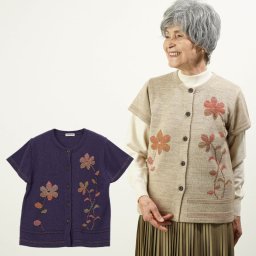 シニアファッション レディース 80代 70代  90代 秋冬 あったか  日本製 かすり花柄 ウール混袖付きニットベスト おばあちゃん 服 誕生日 プレゼント 婦人服 女性 ハイミセス ミセス 祖母 sサイズ（cki-ft11-50430604）