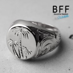 BFF ブランド パームツリー 印台リング ラージ ごつめ シルバー 18K 銀色 丸型 サークル スタンプリング シグネットリング ハワイ ハワイアンジュエリー 手彫り 彫金 専用BOX付属