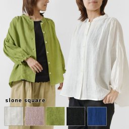 【slone square スロンスクエア】フレンチリネン スタンドカラー 6分袖 ブラウス (38044)レディース 春 夏 秋 冬 麻100％ 前開き 羽織り 無地 ナチュラル 服 ワイド ゆったり きれいめ カジュアル 30代 40代 50代 60代 日本製 シャツ 母の日 クリスマス ギフト プレゼント