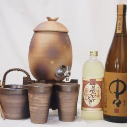 信楽焼・明山窯　焼酎サーバー　火色金小紋　2200ｃｃ(滋賀県)+萬古焼・備前金彩焼酎ペアカップ 氷入れ(三重県)+麦焼酎 芋焼酎 夢のひととき720ｍｌ 中々 1800ｍｌ