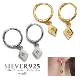 ピアス 金属アレルギー対応 CZ シルバー925 18KGP フープピアス ドロップ ひし形 ダイヤ スクエア ゴールド シルバー 金 銀 シンプル 両耳用 2点セット イヤリング