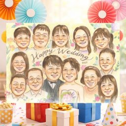 結婚式の記念に、選んでよかったと思える似顔絵のギフト。 似顔絵 プレゼント サンクスボード ギフト 手描き 贈り物 名入れ 結婚式 感謝 お祝い 披露宴 サンクスボード 大人数 友達 新郎新婦 同僚 職場 修正無料 名入れ 下書き確認 サプライズ 一生もの 似てる 宝物 婚礼 宝物 入籍 新郎新婦ギフト サンクスボード 闘病中の方への励まし 白寿祝い 贈答品 カラフル 引っ越し おすすめ