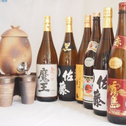信楽焼・明山窯　焼酎サーバー　火色金小紋　2200ｃｃ(滋賀県)+萬古焼・備前金彩焼酎ペアカップ(三重県)+芋焼酎 佐藤黒 富乃宝山 佐藤白 伊佐美 赤霧島 魔王 1800mｌ
