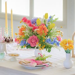 春アレンジフラワー　造花アレンジ　カラフルアレンジメント　触媒加工　送料無料