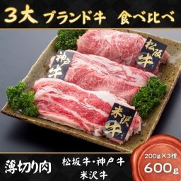 「３大ブランド牛 松阪牛 ・ 神戸牛 ・ 米沢牛 」 食べ比べ 各200g 合計600g （薄切り） 牛肉 和牛 焼肉 しゃぶしゃぶ すきやき