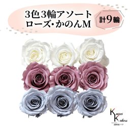 大地農園 「ローズかのんM 3色×3輪アソート 計9輪」 「ピュアホワイト グレイッシュパープル ダスティーブルー」　プリザーブドフラワー バラ プリザ 花材 ハーバリウム おしゃれ かわいい プレゼント 贈り物 オオチノウエン