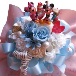 結婚祝い ミッキー ミニー入り 花束風 プリザーブドフラワー入りギフト 水色＆ホワイト仕上げ ケース付き
