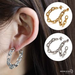 ステンレス チェーン フープピアス あずきチェーン シルバーピアス ゴールド 18KGP gold silver 透け感 大ぶりピアス レディース 女性 金属アレルギー対応 両耳 イヤリング