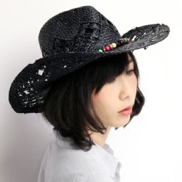 ラフィアハット 麦わら帽子 レディース ストローハット カウボーイ 春夏 メンズ テンガロン ビーズアクセサリー 天然草 帽子 アウトドア アジアンコーデ リゾートファッション 紐 サイズ調整可 黒 ブラック UVカット帽子 父の日