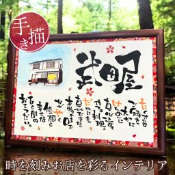 建物のイラスト入り【筆文字作家手書き】飲食 周年 祝い 贈り物 開業祝い 周年祝い 新築 新社屋 竣工 お祝い 記念品 開店祝い 名入れ 名前詩 名前ポエム オーダー ギフト 飲食店 居酒屋 建築 店名 社名 名前入り プレゼント オープン 花以外【建物 A4B4A3 木額 友禅和紙】