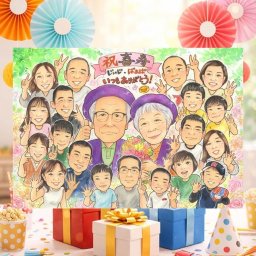 誕生日の記念に、見るたびに思い出が蘇る似顔絵です。 喜寿祝い 似顔絵 プレゼント 手描き ギフト 名入れ 贈り物 誕生日 記念日 長寿 敬老の日 お祝い 大人数 家族 祖父母 ご両親 下書き確認 修正無料 名入れ 一生もの 実績多数 サプライズ 宝物 77歳 喜寿祝い 傘寿 宝物 闘病中の方への励まし メモリアルギフト 結婚祝い 白寿祝い 引っ越し ハロウィン クリスマス ウェディングギフト