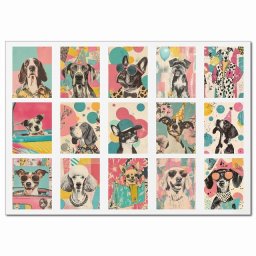 レトロポップ犬アート・Bグループ A4ステッカー 15柄 シール コラージュ 素材 犬 ドッグ 動物 アニマル 派手 かわいい 手帳デコ スマホ 日本製