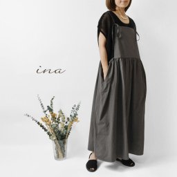 【ina イナ】コットン ウエスト切替 エプロン キャミソール ワンピース (251123)レディース 春 夏 ロング 綿100％ Aライン フレア 大人可愛い ナチュラル 服 新作 シンプル おしゃれ コーディネート ナチュランド 30代 40代 50代 60代 母の日 クリスマス ギフト プレゼント