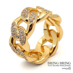 喜平リング ブリンブリン パヴェ キュービックジルコニア CZ AAA 指輪 チェーンモチーフ 18k GP gold 爪留め HIPHOP系 B系 ストリート ラップ ダンス ゴールド 金 メンズ 男性