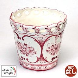 ポルトガル製 底穴なし 鉢カバー 花柄 アズレージョ 手描き ピンク フラワー プランター 陶器 19cm ガーデニング 白地 桃色 pfa-595np-p