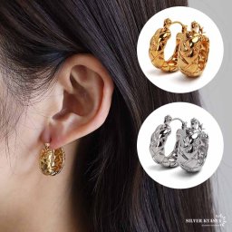 ステンレス素材 ワイドフープピアス キルティングピアス 大ぶり ゴールド シルバー gold silver 18K GP ぷっくり 太幅 幅広 金属アレルギー対応 両耳 イヤリング