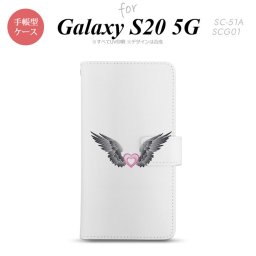 SC-51A SCG01 Galaxy S20 5G 手帳型 スマホケース 全面印刷 おしゃれ ストラップホール 内側にカードポケット付き 黒翼 ハート ピンク nk-004s-s20-dr465