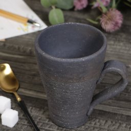 信楽焼  マグカップ カフェ スープカップ 陶器 240ml（満水時） 黒炎マグカップ w405-03