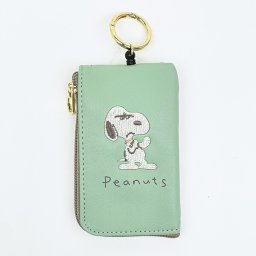 スヌーピー キーパスポーチ 刺繍 グリーン 定期入れ SNOOPY