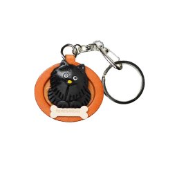 【手描き名入れ無料】本革製国内ハンドメイド　プレートシリーズ　ポメラニアン ブラック　キーホルダー【VANCA革物語】