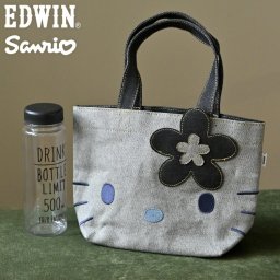 ハローキティ ミニトートバッグ EDWIN エドウィン SOMETHING サムシング デニム サンリオ ブランド キャラクター コラボ 小さめ ランチトート 高校生 中学生 大人 女子 女の子 レディース かわいい おしゃれ 軽量 丈夫 裏地付き 手提げ マチあり 自立 シンプル 平成 レトロ
