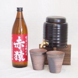 本格焼酎サーバー1000cc(18cm×24cm 1kg)三重県萬古焼き備前金彩ペアカップ(200ml×2個)小正醸造 本格芋焼酎紫芋の王様赤猿 (鹿児島県) 900ml×1本