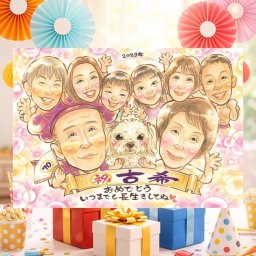 古希のプレゼントに、似ていて、やさしく、飾りたくなる一枚。初めての似顔絵注文でも安心です。 ギフト 古希祝い 似顔絵 名入れ プレゼント 手描き 贈り物 古希 傘寿 長寿 記念 大人数 祖父母 おじいちゃん おばあちゃん 修正無料 名入れ 下書き確認 宝物 親孝行 似てる 喜ばれる 古希 長寿祝い 一生もの 70歳 米寿祝い イラスト 快気祝い 引っ越し ウェディングギフト ハロウィン 二次会
