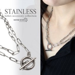 ステンレス 2重チェーンネックレス レディース マンテル シンプル ロング Tバー 金属アレルギー対応 女性