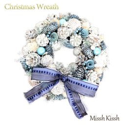 クリスマスリース LED まつぼっくり ブルーローズ リボン 32cm Ribbon Wreath Blue & Sly Blue