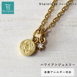 ハワイアンジュエリー ハワイアン ネックレス ステンレス レディース 金属アレルギー対応 サークル キュービックジルコニア サージカルステンレス つけっぱなし あずきチェーン イエローゴールドカラー シンプルコーデ 大人かわいい【gpss1255yg】単品