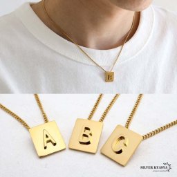 イニシャルネックレス アルファベットネックレス ゴールド メンズ メタル 立体的 スクエア プレート ペンダント ステンレス 18KGP 鏡面仕上げ 喜平チェーン 頭文字 小さめ 金属アレルギー対応 ダンサー 男性