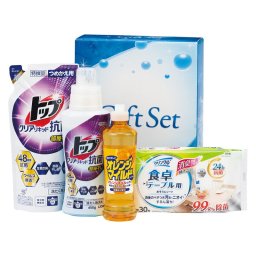 実りの秋の贈り物 さらさらリキッド洗浄ギフト セット内容/ライオントップクリアリキッド抗菌（450g）･ライオントップクリアリキッド抗菌（詰替用）（350g）･オレンジマイルドコンパクト（270ml）･クリンクル食卓テーブル用シート（30枚入）×各1