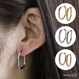 ステンレス フープピアス オーバルピアス 3色 ゴールド シルバー ローズゴールド 楕円 ストーン シンプル メタル 両耳用2点 女性 レディース プチプラ 金属アレルギー対応 イヤリング