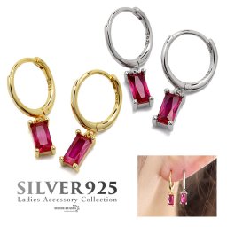 ピアス フープピアス ストーン ドロップ シルバー925 18KGP 18金 CZ キュービックジルコニア レディース スクエア 一粒ジュエリー シンプル レッド ゴールド シルバー 赤 両耳用 2点セット 金属アレルギー対応 イヤリング 女性