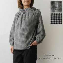 【nous rendent heureux ヌーランドオロー】コットン リネン チェック 衿リボン 通し ブラウス (425055)レディース 春 夏 ゆったり シャツ ギンガム ナチュラル 服 新作 スロンスクエア コーディ ナチュランド 人気 30代 40代 50代 60代 母の日 クリスマス ギフト プレゼント