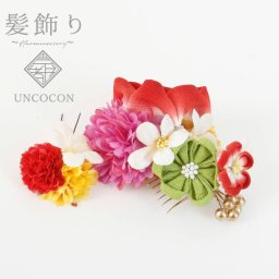 髪飾り　成人式　赤　レッド　前撮　花かんざし　コーム　Ｕピン　髪留め　卒業式　振袖り　着物　袴　日本製　　ちりめん　つまみ細工