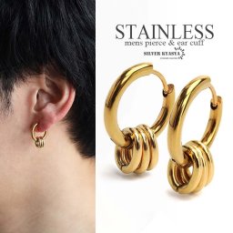 ステンレス 3連ピアス フープピアス ゴールド 18KGP リングピアス 揺れる サークル シンプル 両耳用 男性 メンズ 金属アレルギー対応 父の日 イヤリング