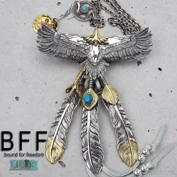BFF ブランド イーグルネックレス メンズ ネックレス シルバー925 ネイティブ インディアンジュエリー 本革 金爪 羽根 鷲 カスタム 金属アレルギー対応 専用BOX付属